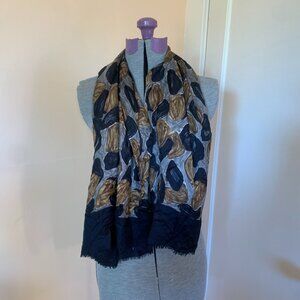 VTG Silk Neck Woven Scarf Painterly Watercolor Rock Print Black Brown Organic